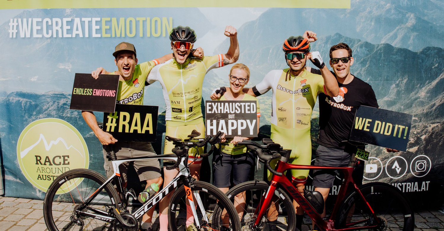 Eine Businessmannschaft beim Race Around Austria im Ziel Eine Businessmannschaft beim Race Around Austria im Ziel